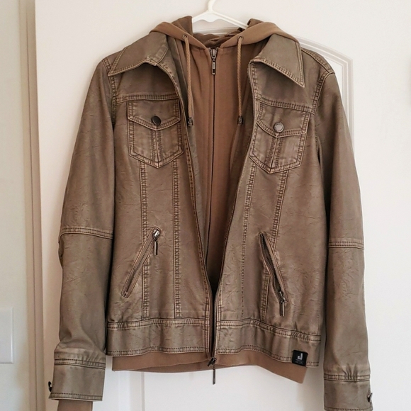 Made By Johnny MBJ • Womens Khaki Leather Motorcycle Jacket with Hoodie • Size S - Picture 4 of 5